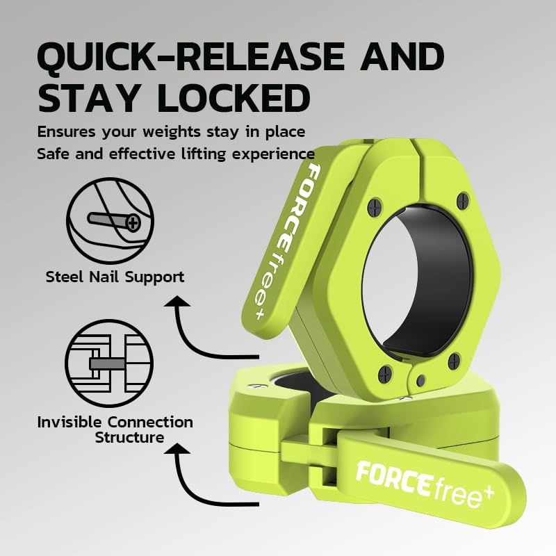 Forcefree+ Barbell Clips (Pair), Barbell Clamps, Quick Release Olympic Barbell Clamps with Anti Slip TPR Grip, Barbell Collars for Secure Weightlifting & Powerlifting - color: Green