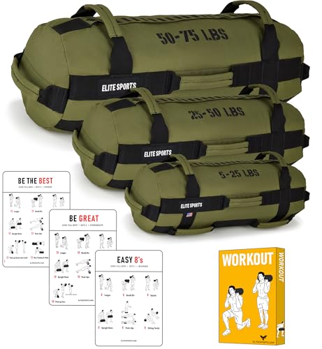 Elite Sports Workout Sandbag for Versatile, Intensive Core Muscles Fitness, Strength Training with Strategic Handle Placement (Unfilled) - color: Green, size: 5 TO 25, 25 TO 50, 50 TO 75 lbs (3 count)