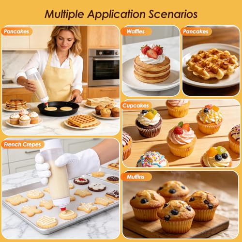 Pancake Batter Dispenser Bottle Kit with 7 Accessories, 1000ml Silicone Squeeze Pancake Mixer Bottle with Whisk Ball and Stand Base, Pancake Shaker Bottles for Cupcakes Muffins Waffle Crepes(2pack) - color: White