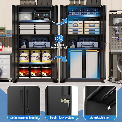 Greenvelly Metal Cabinet, 72" Black Locking Metal Storage Cabinet with 2 Doors and 4 Adjustable Shelves, Lockable Garage Storage Cabinets for Home Office, Garage, Kitchen, Living Room - color: Black, size: 71 Inch Handle