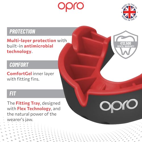 OPRO Silver Level Moldable Mouth Guard Essential Fit (Black/Red) Adult & Kids Boxing Mouthguard for MMA & Impact Sports, Easy Self-Fit Mouth Guard for Sports, Football & Hockey - Includes Case - color: Black/Red, size: Adult (Age 10+)