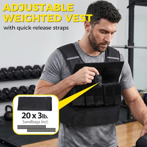 F2C Adjustable Weighted Vest 30lb / 40lb / 60lb, Removable Sandbag Weight Vest for Men Women, Running Walking Rucking, Strength & Fitness Training Vest with Reflective Strips - size: 60 lbs