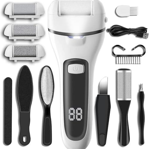 Callus Remover for Feet, 13-in-1 Professional Pedicure Tools Foot Care Kit, Foot Scrubber Electric Feet File Pedi for Hard Cracked Dry Dead Skin, 3 Rollers, 2 Speed, Battery Display (White&Grey) - style: White&Grey