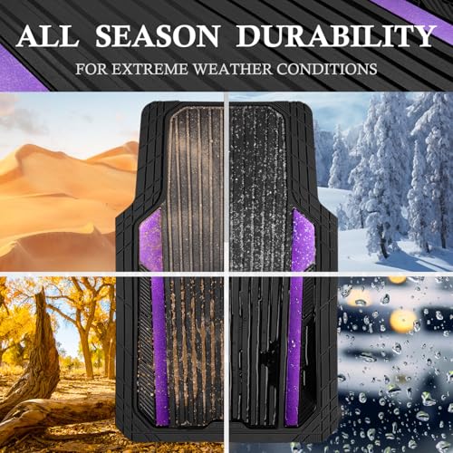 CAR PASS Heavy Duty Rubber Car Mats Metallic,Aluminum Film All Weather Floor Mats Waterproof Universal Trim to Fit SUVs Sedans Vans 4 Piece Anodized Deep Dish Two-Tone Sporty Black Purple Chrome - color: BLack Purple