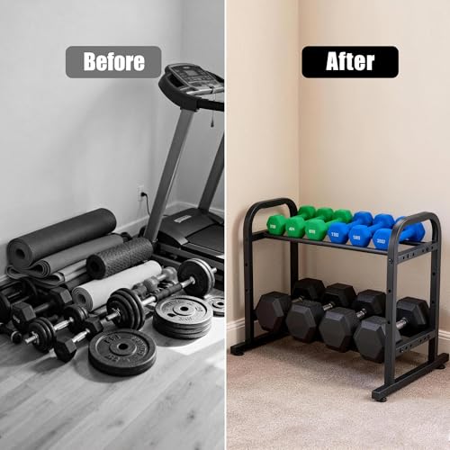 facka 2-Tier Dumbbell Rack Stand Only, Weight Rack for Home Gym | 360 Lbs Capacity, For Hex Dumbbells and Kettlebells, 3-Level Width, Adjustable Height, Non-Slip Feet