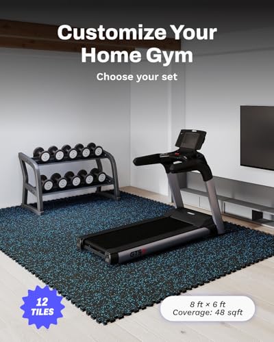 AIRHOP 0.56in Thick 48 Sq Ft Exercise Equipment Mats, 12 Tiles Upgraded Rubber Top with High Density EVA Foam, Large Interlocking Puzzle Gym Flooring for Home Gym, Heavy Weight Workout,Black & Blue - color: Black/Blue, size: 48 Sq Ft (12 Tiles)