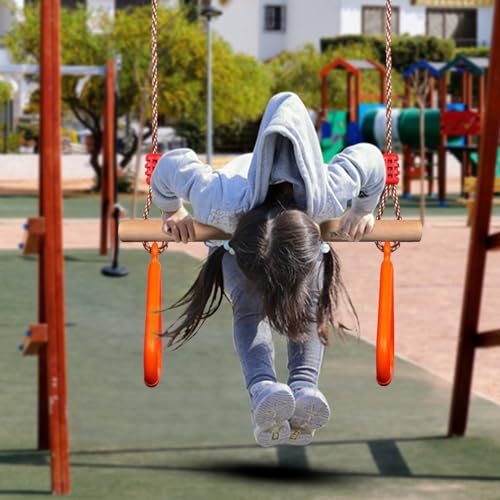 PELLOR Kids Trapeze Bar with Rings,Wooden Trapeze Swing Bar for Ninja Warrior Obstacle Course,Children's Swing Set Indoor Outdoor Garden,Yard,Playground - color: Orange