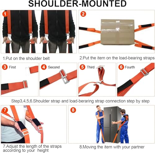 Anti-Slip Moving Straps, Adjustable Two-Person Shoulder Moving Lifting Straps with 1-Person Lifting Straps, Heavy Duty up to 800 lbs for Harness Moving Furniture & Appliances (Orange) | Moving Strap Heavy Duty up to 800 lbs for Harness Moving Furniture &