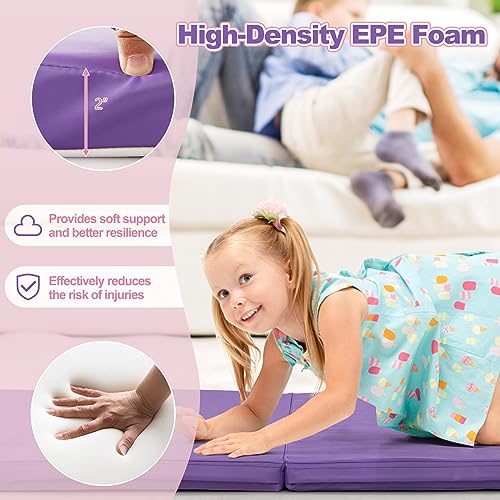 Goplus Gymnastics Mat, Folding Tumbling Mat with Carry Handles, Hook & Loop Fasteners, 4 Panels for Fitness Exercise Yoga Stretching Aerobics Workouts, Thick Gym Mats for Home - color: Purple