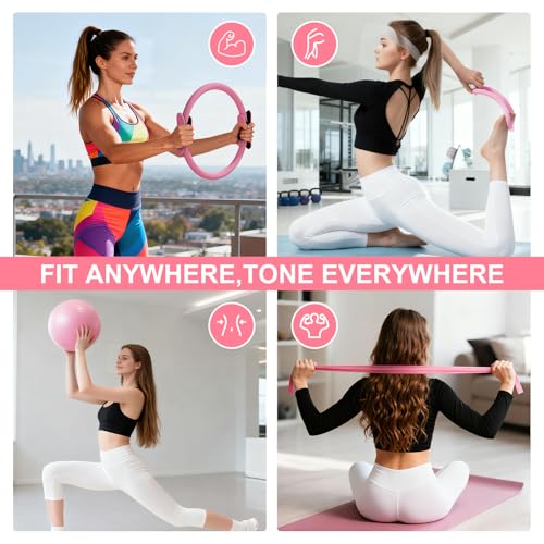 Pilates Equipment Set for Home Workouts, 4-in-1 Pilates Ring, Resistance Bands, Mini Exercise Ball & Fitness Strap, Full-Body Toning Kit for Beginners to Advanced, Core Strength & Flexibility Training