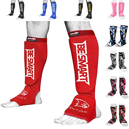 Be Smart Kids, Adults, Youth, Men and Women Muay Thai MMA Kickboxing Shin Guards, Instep Guard Training, Sparring Protective Gear Equipment Shin Kick Pads - color: Red, size: XXS ( 9 to 13 Years )