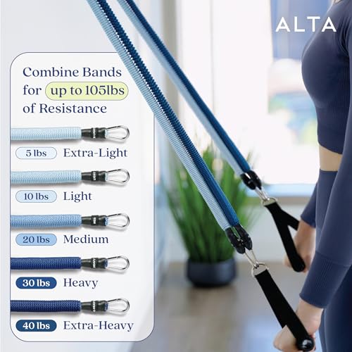 ALTA Resistance Tube Bands for Women - Full Kit Resistance Bands for Working Out with Handles, Ankle Straps, Door Anchor – Home Workout Bands for Physical Therapy, Pilates Long Exercise Bands Set - color: Azure, size: 5 Band Set