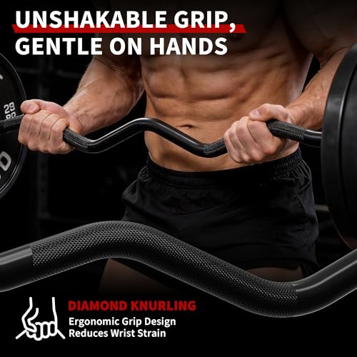 Olympic EZ Curl Bar 47" – 700LB Capacity 2-Inch Curling Bar for Bicep & Tricep Workouts, Hip Thrusts, Squats, Rows – Anti-Slip Diamond Knurling, Ergonomic Wrist-Friendly Curved Shaft for Home Gym - color: Black