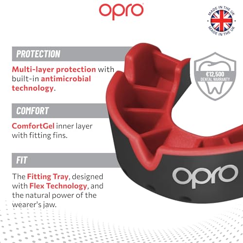 OPRO Silver Level Moldable Mouth Guard Essential Fit (Black/Red) Kids Youth Boxing Mouthguard for MMA & Impact Sports, Easy Self-Fit Mouth Guard for Sports, Football & Hockey - Includes Case - color: Black/Red, size: Youth (Under 10)