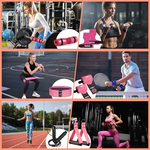 WALITO 8Pcs Barbell Pad Set for Hip Thrust - Squat Pad,Gym Accessories for Women with Bar Bad,Bench Press, with Gym Ankle Straps,Resistance Bands for Working Out,Lifting Strap,Carry Bag - color: Black Pink-10
