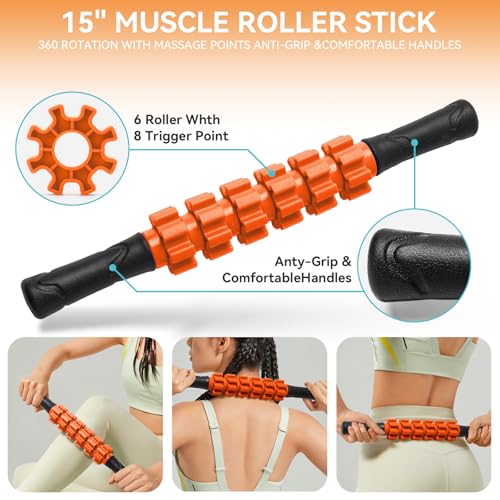 Krightlink 5 in 1 Foam Roller Set for Deep Tissue Muscle Massage, Trigger Point Fitness Exercise Foam Roller, Massage Roller, Massage Ball, Stretching Strap, for Whole Body (Orange Black) - color: Orange Black