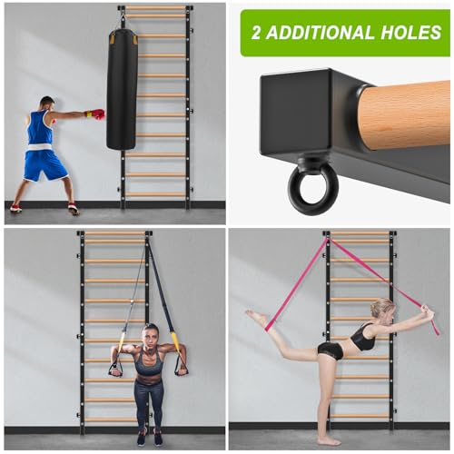 Swedish Stall Bars 2"x2" with 1" Holes, Wall Mounted Wood Gym Ladder for Suspension Training, Home Gym, Calisthenics, Physical Therapy, School & Clinic - color: Swedish Ladder with Pull Up Bar