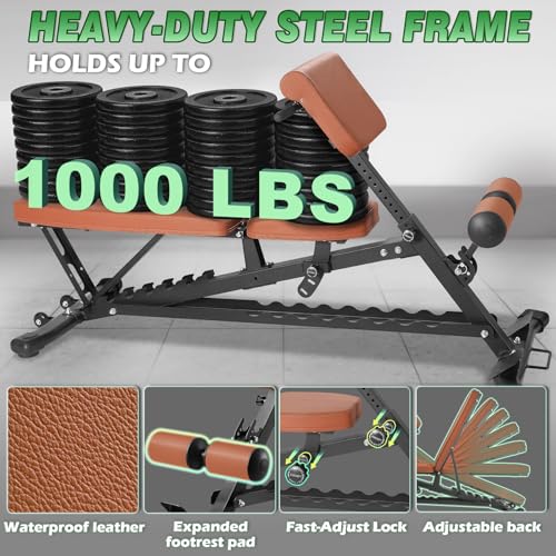 1000 LBS Adjustable Weight Bench with Roman Chair, Utility Workout Bench for home gym MAX Sit/Decline/Incline Up Bench Press Exercise Equipment 75°to -20°FID Strength Training - color: Brown