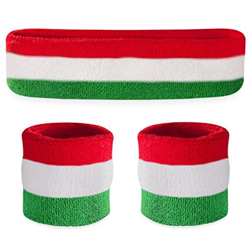 Suddora Striped Sweatband Set, Moisture Wicking 2 Wristbands and 1 Headband, Breathable Athletic Sweat Bands for Sports, Costumes & Cosplay, Matching Bands to Wear with Jersey - color: Red White Green