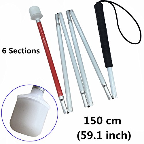 Aluminum Mobility Folding White Cane for Vision Impaired and Blind People (Folds Down 6 Sections) 150cm - color: Black Handle, size: 59.1 Inch (Pack of 1)