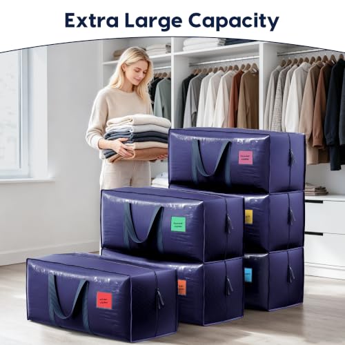 6 Pack Moving Bags Heavy Duty 210GSM with Full-Open Side Zipper, 93L 220lbs Waterproof Foldable Storage Totes for College Dorm Move-In, Moving Boxes Alternative & Home Organization, Blue - color: DarkBlue, size: 6 Pack