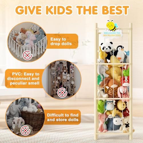 Stuffed Animal Storage Zoo Organizer Natural Pine Plushies Storage with Elastic Bands Vertical Wood Toy Holder Mesh Net Space Saving Design for Playroom Nursery Kids Bedroom - color: Wood Color Bee（yellow Bee Board）