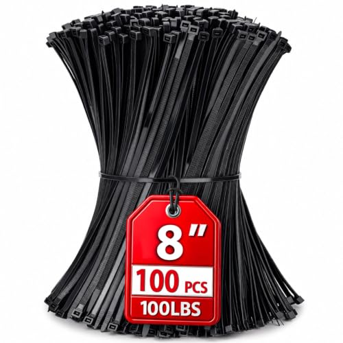Zip Ties 8 inch, 100 Pack Heavy Duty Black Zip Ties with 100 lbs Tensile Strength, Self-Locking Nylon Cable Ties,Wire Ties for indoor and outdoor use. - color: Black, size: 8"(100 Pack) 100 Lb