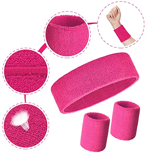 12 Pcs Sweatbands Set Neon Colors Headbands and Wristbands for Men Women Moisture Wicking Sweat Absorbing Workout Cotton Headbands 80s 90s Party - color: Rose Red, Fluorescent Yellow, Sky Blue, Light Yellow