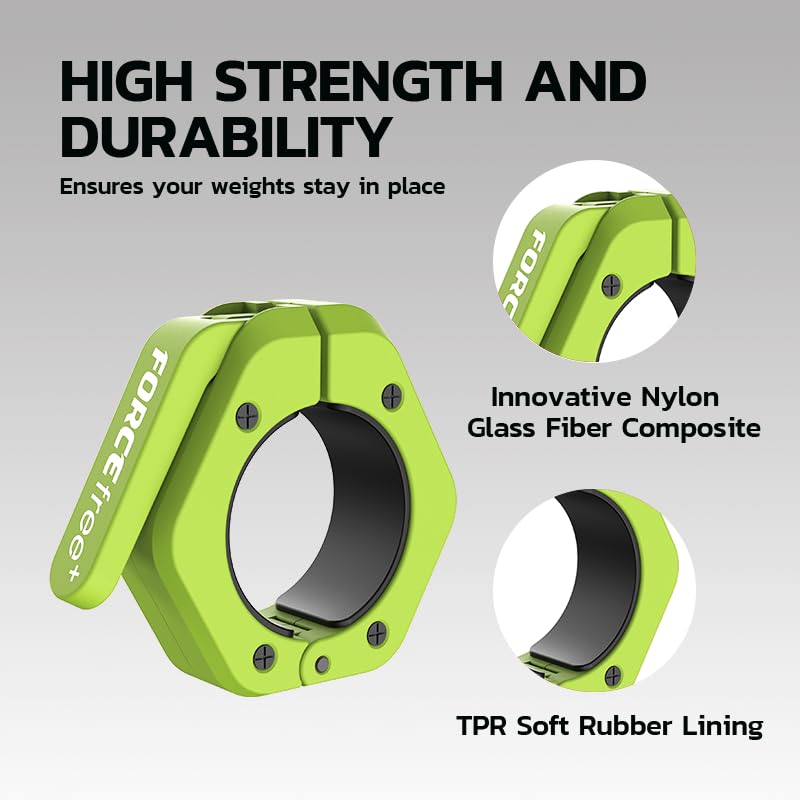 Forcefree+ Barbell Clips (Pair), Barbell Clamps, Quick Release Olympic Barbell Clamps with Anti Slip TPR Grip, Barbell Collars for Secure Weightlifting & Powerlifting - color: Green