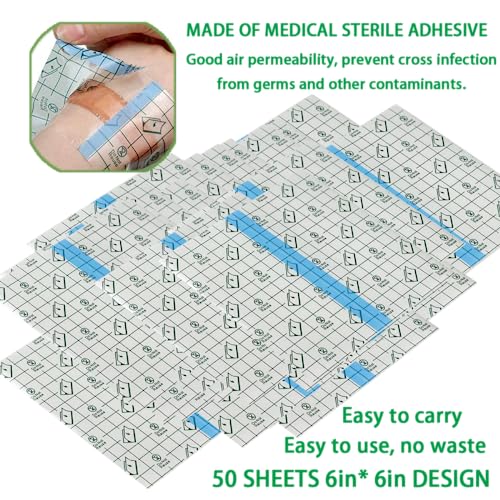 50 Pieces 6 x 6 in Stretch Waterproof Adhesive Bandages Transparent Film for Tattoo Aftercare and Skin Repair Adhesive Tattoo Supply Wrap - size: 6 x 6 Inch(Pack of 50)