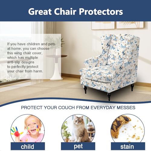 NILUOH Wingback Chair Slipcover 2 Pieces, Stretch Spandex Wingback Chair Covers Washable Slipcover for Wingback Armchairs Non-Slip Furniture Protector with Elastic Bottom for Living Room - color: Butterfly