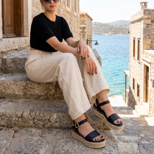 CUSHIONAIRE Melissa Espadrille Platform Sandals For Women with Adjustable Ankle Strap and Memory Foam Insole-Comfortable Womens Sandals for Summer - color: Black, size: 10