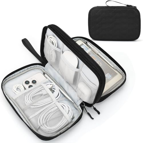 FYY Electronic Organizer, Travel Tech Pouch Bag, Large, Black Quilted | Wrist Strap, Waterproof, Double Layers Portable Electronics Travel Carrying Case for Cord, Charger, Daily Business Trips Use - color: Black Quilted, size: Large