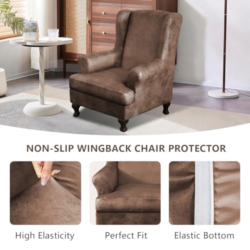 ANARACHON Leather Look Wingback Chair Covers, 2-Piece Wing Chair slipcover,Stretch Wing Back Armchair Slipcovers with Elastic Bottom, Soft Spandex Furniture Protector for Living Room (Light Brown #2) - color: Light Brown #2