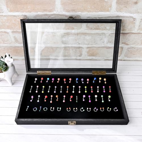 MOOCA Temper Glass Top Jewelry Display Case with Tempered Glass Lid and 54 Clip Body Jewelry Showcase Display Pad for Belly Button Rings, Tongue Rings, and Industrial Barbell Organizer, Black Color - color: Black Pad with Black Wood Case