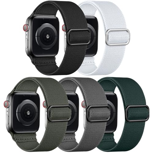 Adorve Stretchy Band Compatible with Apple Watch Bands Ultra 3/2/1 49mm 46mm 45mm 44mm 42mm 41mm 40mm 38mm Men Women, Soft Nylon Elastic Braided Strap Fits for iWatch Series 11/10/9/8/7/6/5/4/3/SE3-1 - color: Black/Gray/Dark Army Green/White/Dark Green, s