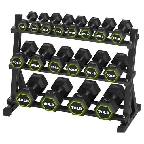 HANDBODE Rubber Coated Hex Dumbbell Set with Rack, 300-840 lb | Fixed Weights Sets with Heavy Duty Storage Stand, Multiple Weight Options Home Gym Equipment for Strength Training - style: 640 lb Set (10-70 lb) with Rack