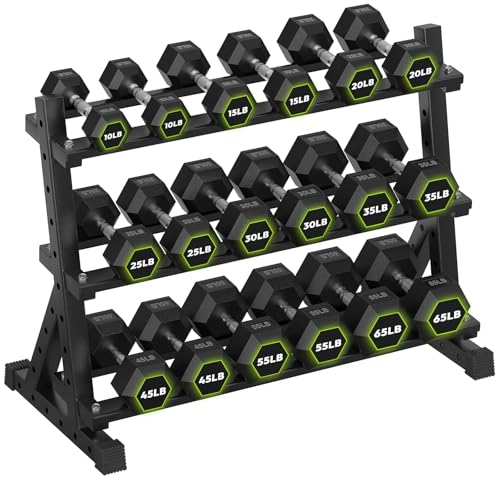 HANDBODE Dumbbell Set with 3-Tier Rack, 390-790 lb | Heavy Duty Weight Stand for Dumbbells, Space-Saving Metal Storage Organizer, Sturdy Dumbbell Holder for Home Gym - style: 600 lb Set (10-65 lb) *2 & Rack