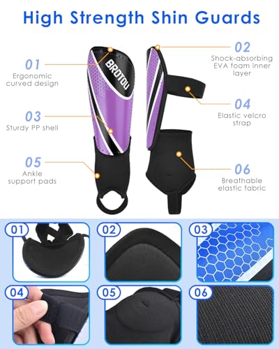 BROTOU Shin Guards Soccer Youth, Soccer Shin Guards for Kids 3-15 | Light Weight Adjustable Straps Shin Pads Protection Equipment with Ankle and Leg Calf Protection - color: Purple, size: Small
