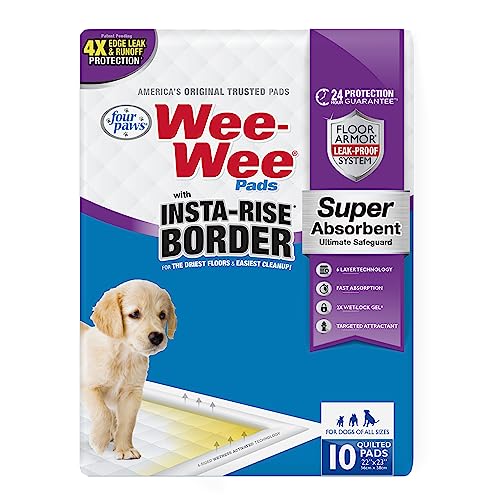 Four Paws Wee-Wee Super Absorbent Insta-Rise Dog Pee Pads, 10 Count | Edge leak & runoff protection, leak-proof puppy pads, built-in attractant, dog housebreaking, all day protection, 22" x 23" - size: 10 Count