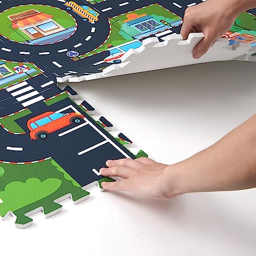 Foam Play Mat for Baby, Interlocking Foam Tiles, City Road Track Puzzle Mat 12 Pieces