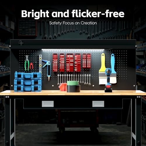 Betterhood 60" Heavy Duty Adjustable Workbench with Large Pegboard & LED Light, Adjustable Work Table with Power Outlets & Lockable Wheels, Rubber Wood Workstation for Garage, Workshop, Office, Home - size: Large Pegboard/Power Outlets/Drawer/Light/60"x22