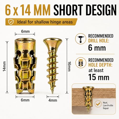 6 x 14 mm Short Expansion Screw Set for Cabinet Hinge Repair, Metal Anchors with Matching Screws, Stripped Hole Fixing Kit for Cupboard Wardrobe Door, Tile Wood Stone Drywall (50pcs) - color: 50pcs