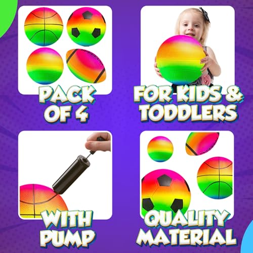 Rainbow Sports Balls for Kids & Toddlers - (Pack of 4) 8.5-Inch Neon Sport Ball Set Includes Football, Soccer, Basketball, & Playground Balls, Toy Balls for Indoor/Outdoor - color: Rainbow, size: 8.5 Inch