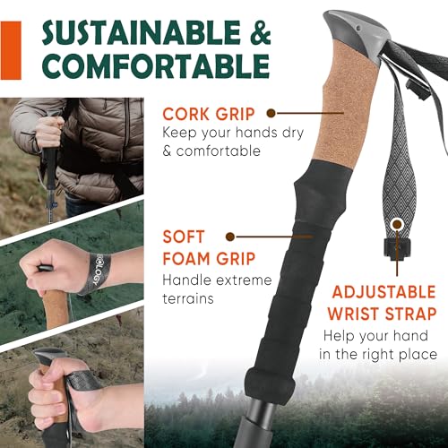 TREKOLOGY Trek-Z Cork Grip Trekking Poles – Lightweight Folding Hiking Poles, Adjustable Height, Compact Travel Design, Aircraft-Grade Aluminum Walking Sticks for Men & Women - color: Black with Blue