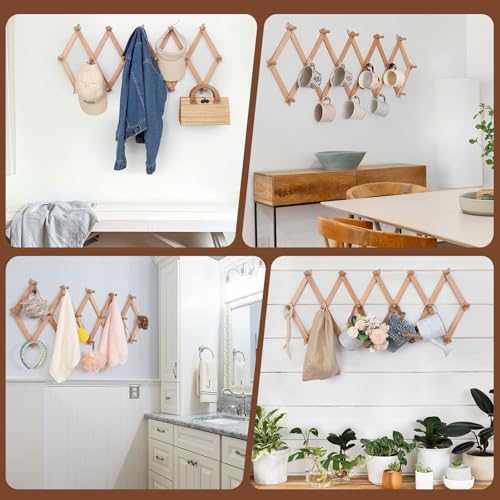 SCUNDA Wall Rack with 16 Hooks, Wooden Wall Expandable Coat Rack for Coat, Hats, Baseball Caps, Coffee Mug, Jewelry(Natural) - color: Natural, size: 16 Hooks