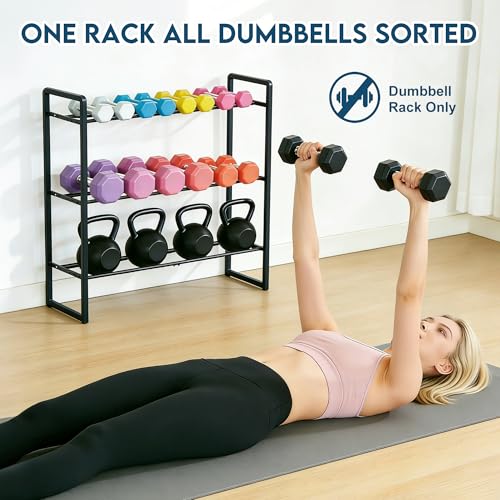3 Tier Dumbbell Rack, 330 lb Capacity Weight Rack for Home Gym, Stand Only | Adjustable 3.4-7.8 in. Spacing fits Dumbbells & Kettlebells, Stable Metal Construction, Leveling Feet, Easy Assembly