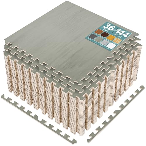 Sorbus 144 Sq. Ft. Wood Grain Floor Tiles Foam Mat EVA Interlocking Mats Tile 3/8-Inch Thick Flooring Wood Puzzle Exercise Mats w/Borders - Home Playroom Basement, Apartment, Trade Show, Baby, Dance - color: Grey, size: 36 Pack