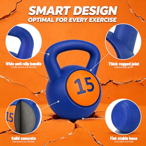 Single Kettlebells, Coated Cast Iron Kettlebell Weights with Wide Grip Handle & Flat Bottom, Strength Training Equipment for Swings, Squats, Deadlifts, Push-Ups & Home Gym Workouts - color: Blue-15 LB