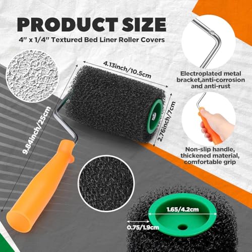 9 Pcs Textured Paint Roller Kit, 4 Inch Bed Liner Roller Covers with Frame for Truck Coatings and Non-Slip Surfaces